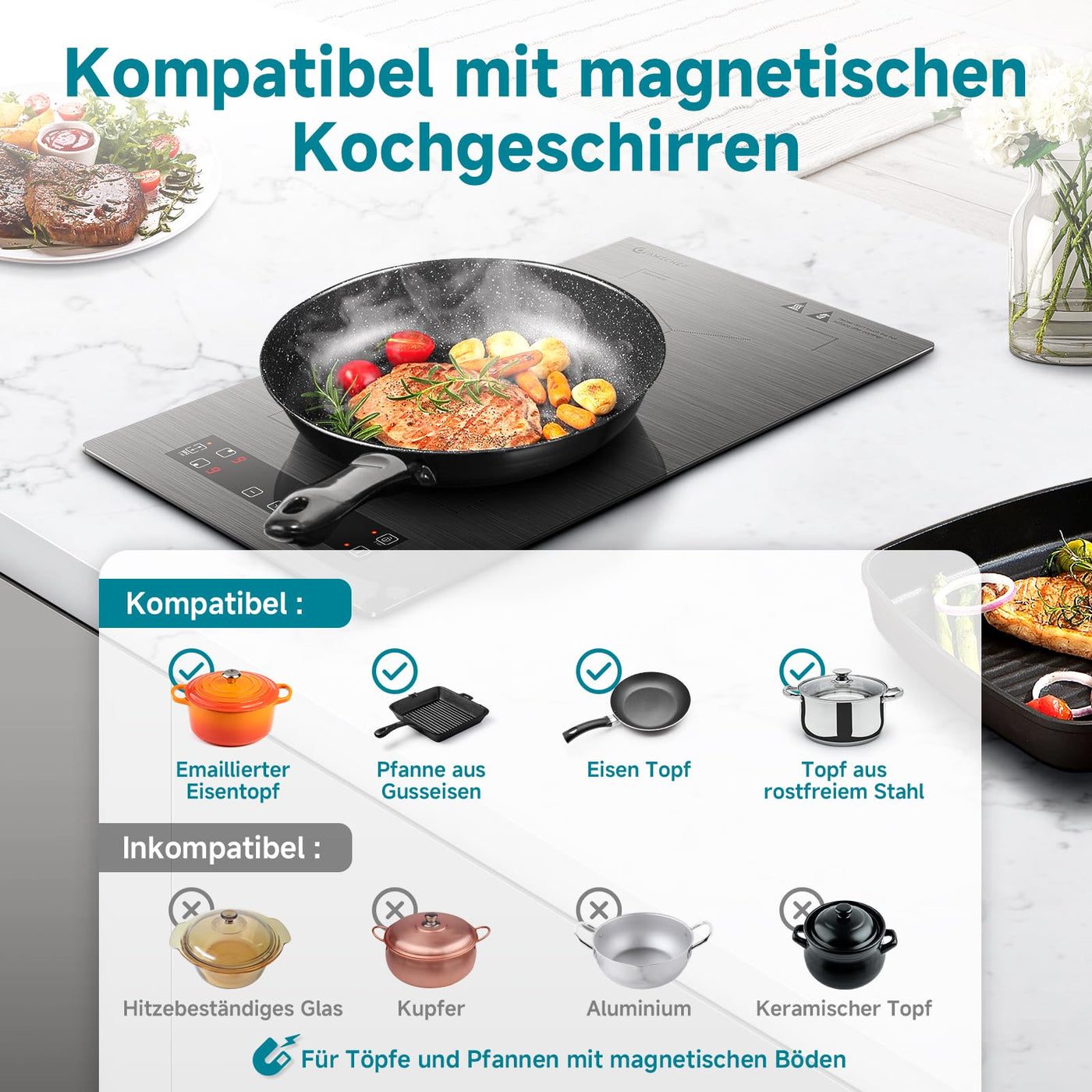 AMZCHEF Induktionskochfeld 2 platten, induktionskochplatte mit Flexzonen und Stecker, 10 Leistungsstufen, Sicherheitsschloss und Timer, Überhitzungsschutz, Berührungssteuerung, BBQ, 3300W(Grau)