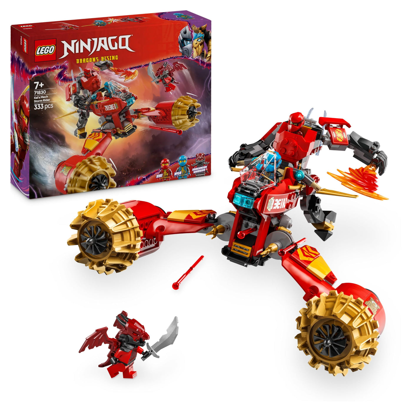 LEGO NINJAGO Kais Sturmreiter-Mech - Fliegendes Motorrad Spielzeug mit 3 Minifiguren - Mech mit beweglichem Kopf, Armen und Beinen - Bauspielzeug - Geschenk für Jungen & Mädchen ab 7 Jahren 71830