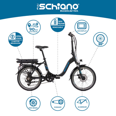 F.lli Schiano Solar, E Bike Klappbar 20 Zoll, 36V 10.4Ah Abnehmbarer Akku, Motor 250W 40Nm, Klapprad Ebike für Herren/Damen, Schwarz