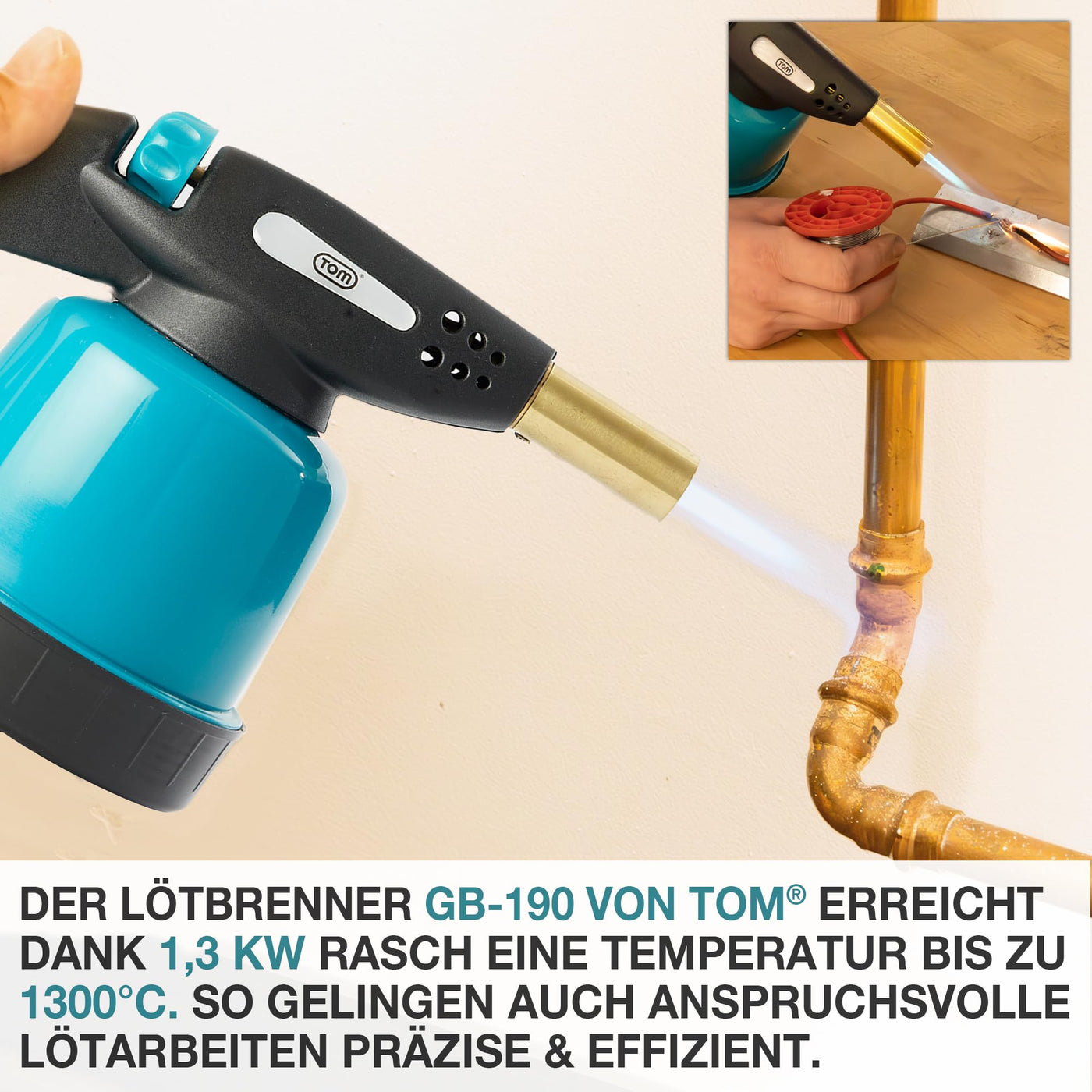 TOM Gas-Lötbrenner im Set – 1300°C – Lötlampe zum Weich- oder Hartlöten – Piezozündung – Bunsenbrenner Gasbrenner (Lötbrenner)