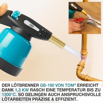 TOM Gas-Lötbrenner im Set – 1300°C – Lötlampe zum Weich- oder Hartlöten – Piezozündung – Bunsenbrenner Gasbrenner (Lötbrenner)