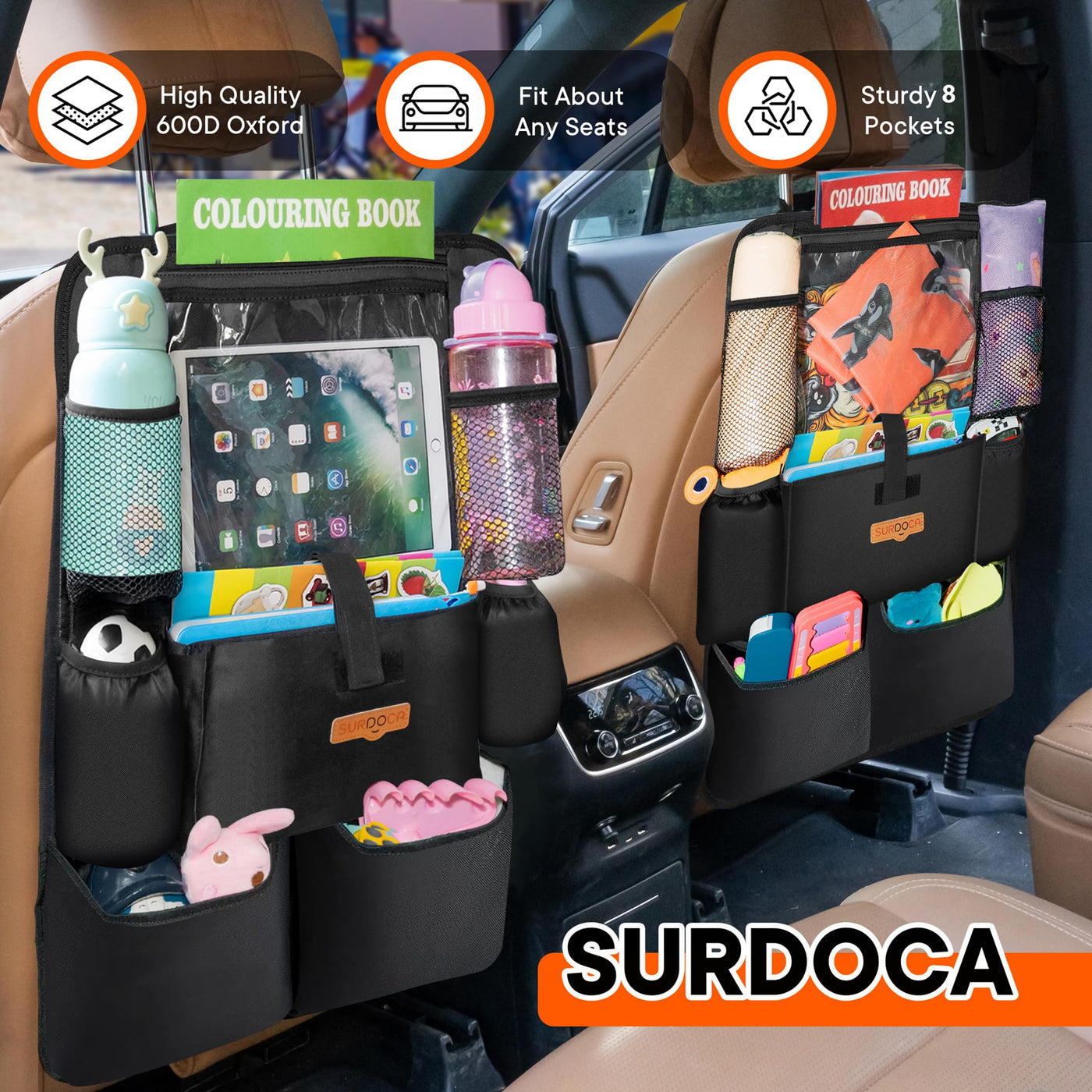 SURDOCA Autositz-Organizer – 4th Generation verbesserter Auto Rücksitz für bis zu 11-Zoll Tablet, 8 Taschen, Kinderspielzeug-Aufbewahrung, wasserdichter Rücksitzschutz für Kinder