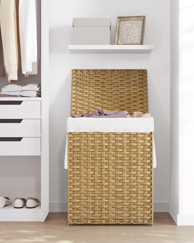 SONGMICS Wäschekorb 90 Liter, handgeflochten, Wäschesammler aus synthetischem Rattan, mit Deckel und Griffen, faltbar, Wäschesack herausnehmbar, naturfarben LCB51NL