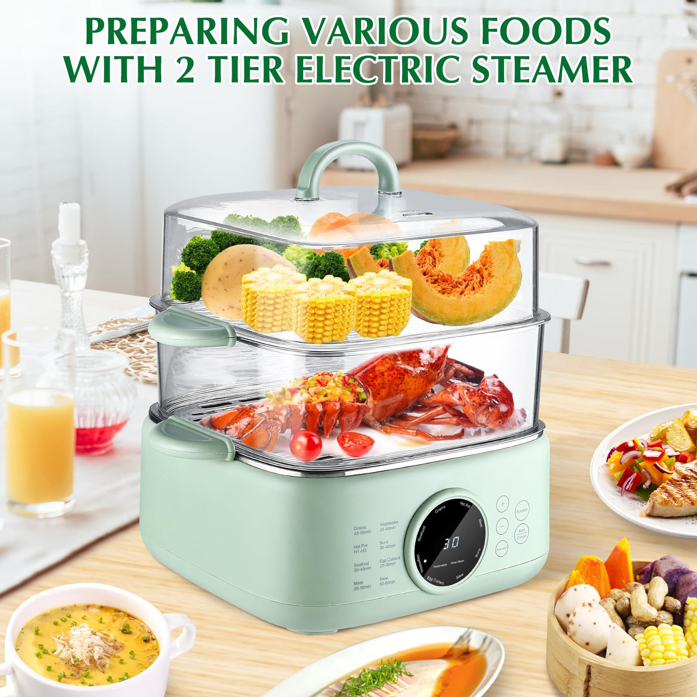 Skyehomo Dampfgarer Elektrisch mit 2 Edelstahl-Dämpfschalen, 9.3 L 1000W Dampfgarer mit 24H Timer, 8 Kochmodi Multifunktionaler Food Steamer, Trockengehschutz, BPA frei (Transparenter PC-Deckel)