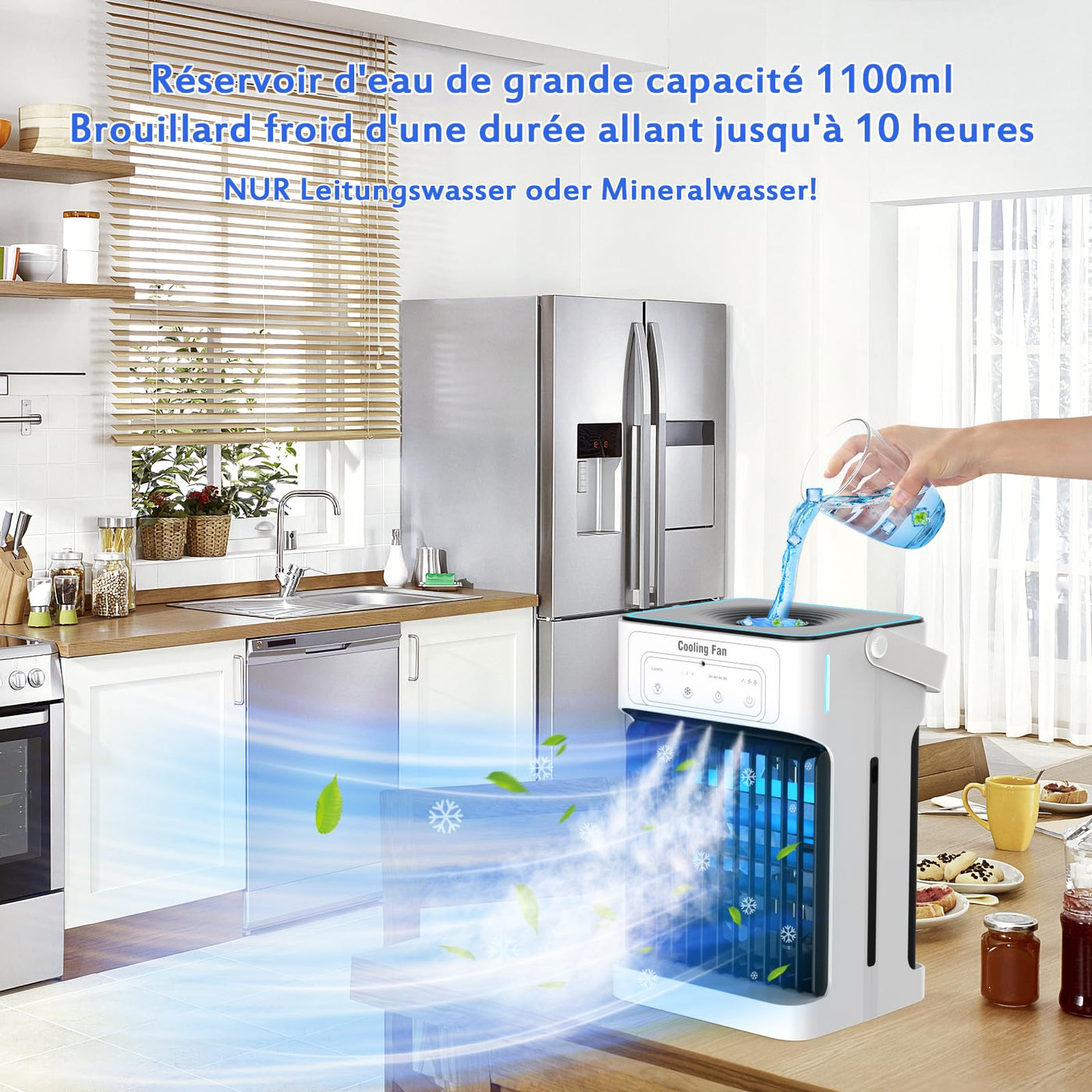 Mobile Klimaanlage mit Fernbedienung,1100ML Mini Luftkühler mit Wasserkühlung, 2-8H Timer & 7 LED，3 Luftgeschwindigkeiten & 3 Kühlnebel, Mobiles Klimagerät für zimmer,Wohnungen und Büro