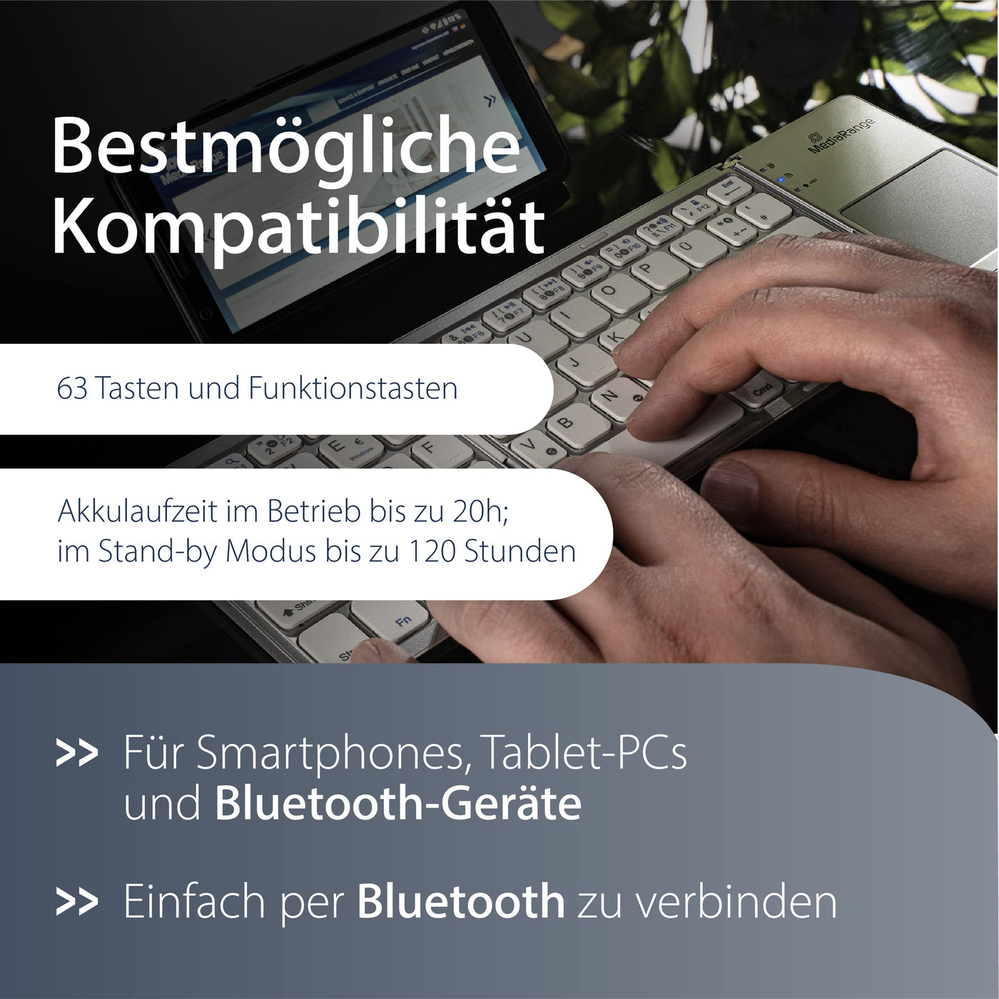 MediaRange kompakte Funk-Tastatur mit 63 Tasten und Touchpad, QWERTZ (DE/AT/CH) Tastaturbelegung, silber