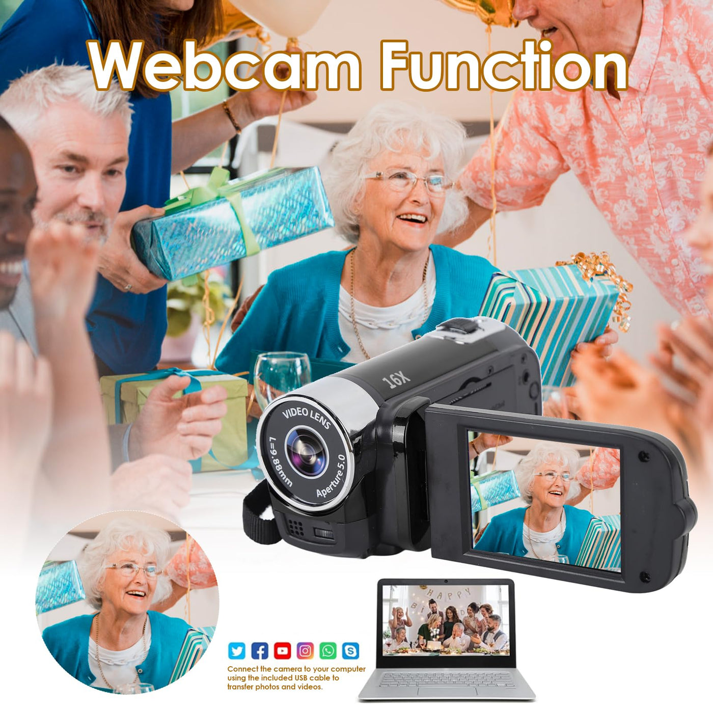 Videokamera für Vlogging, 1080P Full HD-Camcorder, 16 MP 16-facher Digitalzoom, Drehbarer 2,7-Zoll-TFT-Bildschirm, mit Fülllicht und USB-Anschluss (Schwarz)