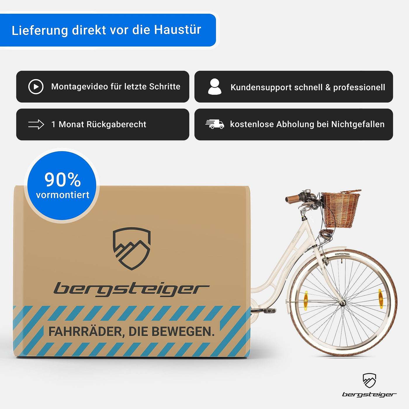 Bergsteiger Marseille 28 Zoll Damenfahrrad, ab 150 cm, Korb aus Rattan, Fahrrad-Licht, Damen-Citybike, Damenrad im Retro-Design«, 6 Gang Shimano Tourney Schaltung, Kettenschaltung