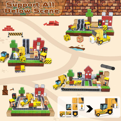 Annexfun Magnetische Bausteine Magnetische Bauwelt Straßenaufsatz Set Stadt mit Baufahrzeuge Magnetic Building Blocks Bagger Spielzeug ab 6 Jahren Baustellenfahrzeuge Kinder konstruktionsspielzeug