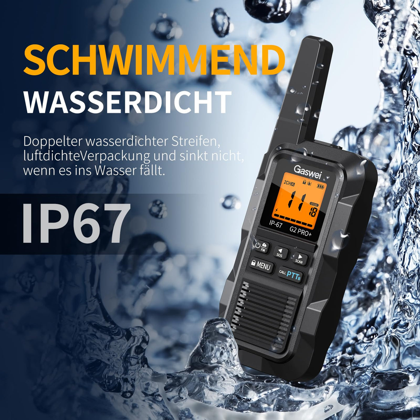 Gaswei G2Pro Professionelle Walkie-Talkies für Erwachsene [IP67 wasserdicht & schwimmfähig] Langstrecken-Funkgerät mit Doppel-PTT, SOS-Alarm,FM-Radio + Akku für Outdoor, (2er-Set in Schwarz)