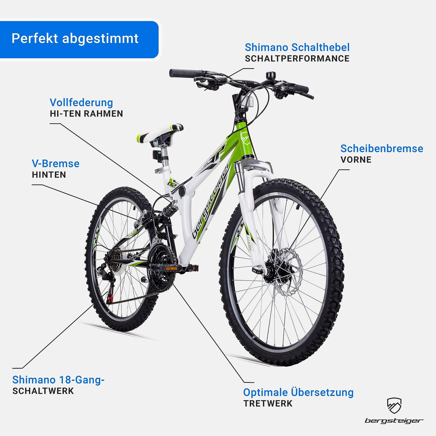 Bergsteiger Montreal 20, 24 Zoll Kinderfahrrad, geeignet für 6,7, 8, 9, 10, 11, 12, 13 Jahre, Shimano 18 Gang-Schaltung, Mountainbike mit Vollfederung, Jungen-Fahrrad, Mädchen-Fahrrad