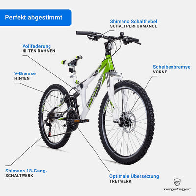 Bergsteiger Montreal 20, 24 Zoll Kinderfahrrad, geeignet für 6,7, 8, 9, 10, 11, 12, 13 Jahre, Shimano 18 Gang-Schaltung, Mountainbike mit Vollfederung, Jungen-Fahrrad, Mädchen-Fahrrad