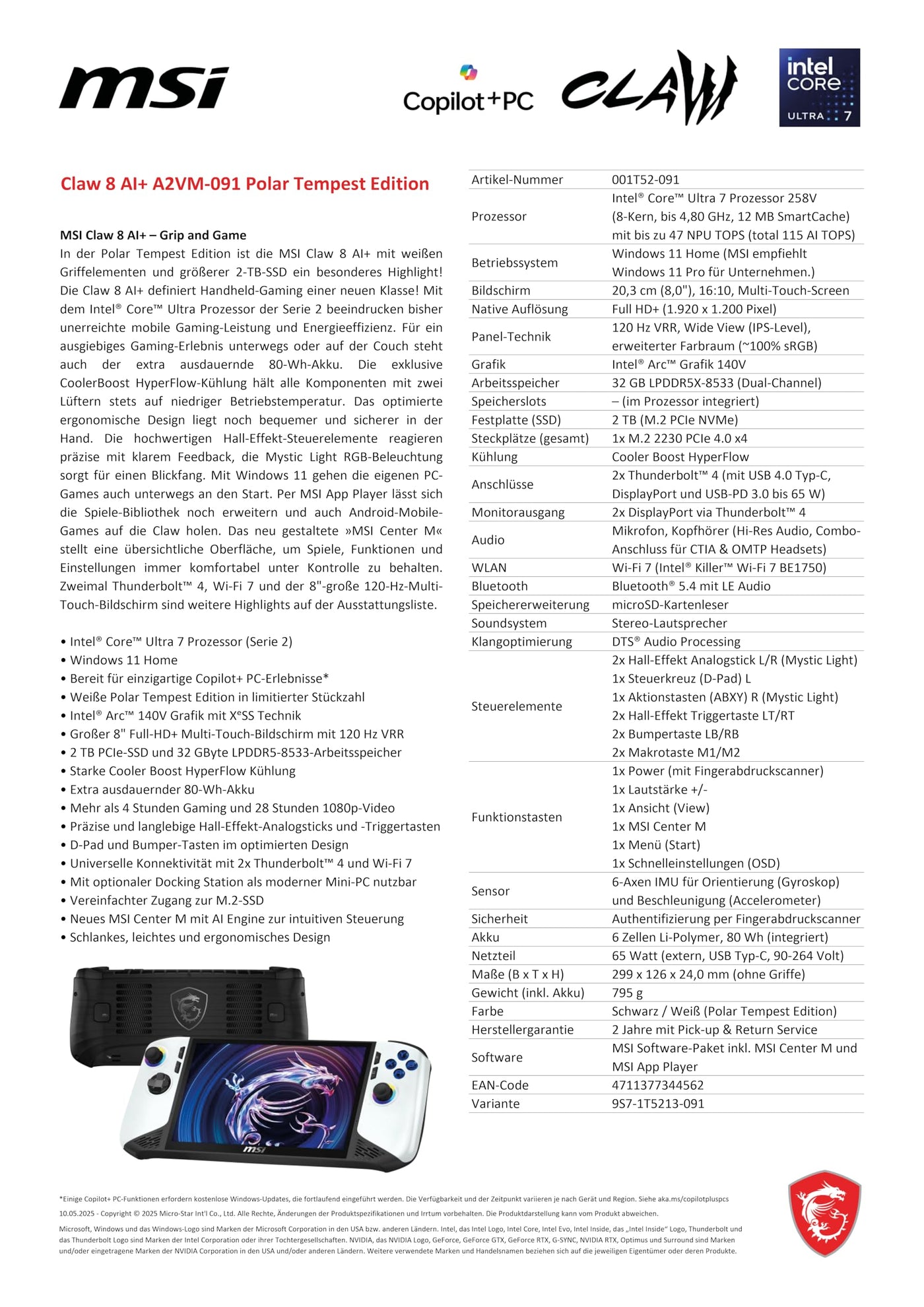MSI Claw 8 AI+ Gaming Handheld, Polar Tempest Edition, 8 Zoll FHD+ 120 Hz Display, Intel Core Ultra 7 Prozessor 258V, 32 GB RAM, 2 TB SSD, Intel Arc Grafik, Windows 11 Home, Schwarz/Weiß, A2VM-091