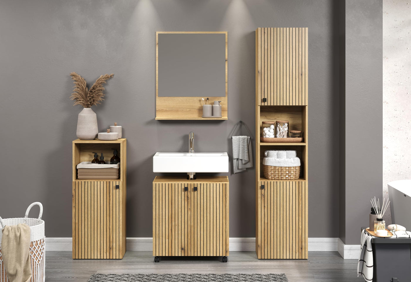 trendteam smart living - Waschbeckenunterschrank Unterschrank auf Rollen - Badezimmer - PureBliss - Aufbaumaß (BxHxT) 60 x 64 x 42 cm - Farbe Evoke Eiche mit schwarzen Rillen - 233730342