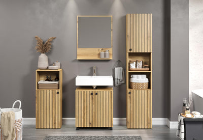 trendteam smart living - Waschbeckenunterschrank Unterschrank auf Rollen - Badezimmer - PureBliss - Aufbaumaß (BxHxT) 60 x 64 x 42 cm - Farbe Evoke Eiche mit schwarzen Rillen - 233730342