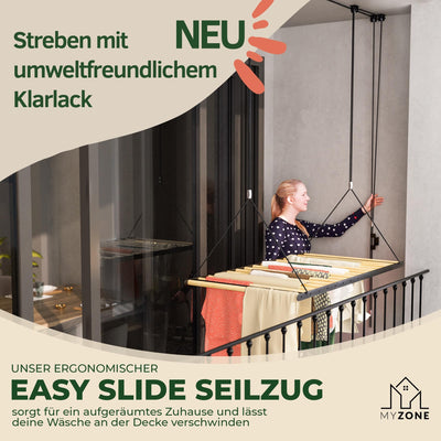 MyZone Wäscheständer Decke platzsparend, ausziehbar, stabil, 115x60cm | Wäschetrockner Deckenmontage, Deckentrockner klappbar, Hochtrockner | Badewanne, Balkon | Bambus Holz, schwarz matt
