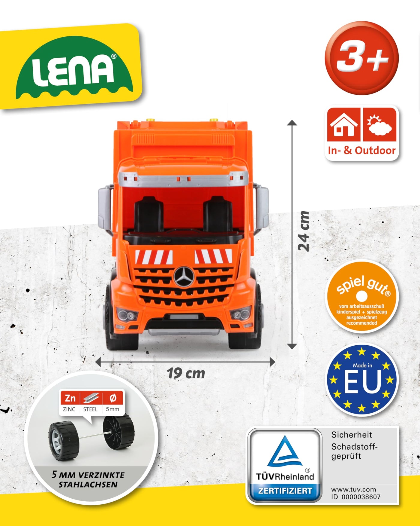 Lena 4614 Worxx Müllauto Mercedes Benz Arocs, Spielauto ca. 53 cm, Nutzfahrzeug für Kinder ab 3 Jahre, robuster Müllwagen mit 2 Mülltonnen und realitischen Spielfunktionen, orange