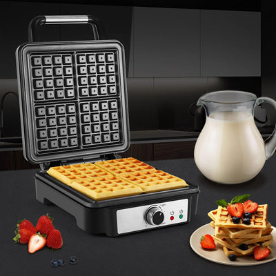 YASHE Waffeleisen Belgische Waffel, 4-Scheiben Quadratisches Belgisches Waffeleisen, 5 Bräunungsknopf, Kontrollleuchten, Anti-Überlauf, Antihaftbeschichtung, 1200W, Silber/Schwarz