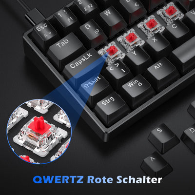 TECURS Mechanische Gaming Tastatur, Mechanische Tastatur 60 Prozent QWERTZ Rote Schalter für PC Gamer und Arbeits, 61 Tasten Kabelgebundene Tastatur für PC Windows/PS5/PS4, Schwarz