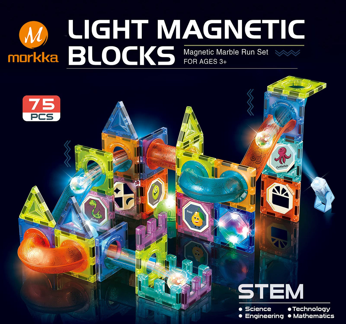 morkka Magnetische Bausteine,STEM Montessori Spielzeug für Kinder 3 4 5 6 7 8 Jahre 3D Lernspielzeug Set Konstruktion Blöcke Geschenk für Jungen Mädchen Orbitalblöcke Gleisbau (75PCS)