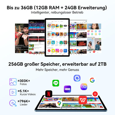 Blackview Tablet Android 15 MEGA8 13 Zoll Tablet mit 36GB RAM+256GB ROM(2TB TF), 50MP+13MP Dual Camera, Dual 4G LTE+5G WiFi 2K FHD Großes Display WideVine L1 Octa Core T620,11000 mAh Akku GPS/Face ID