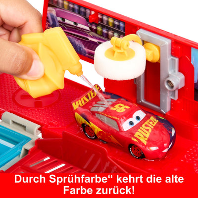 Mattel DISNEY Pixar Cars mobile Lackiererei Mack - Spielset mit Farbwechseleffekt, Lightning McQueen Spielzeugauto, Farbveränderung mit warmem und kaltem Wasser, für Kinder ab 4 Jahren, HPD82