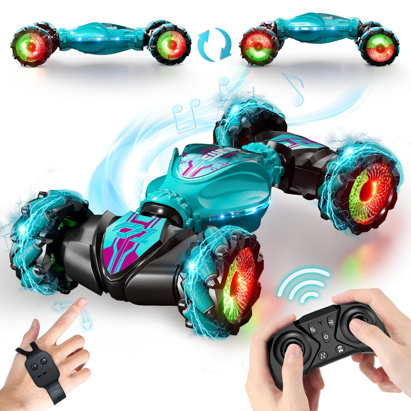 IKIDSUN Ferngesteuerte Auto mit Handsteuerung, RC Stunt Car, 2,4 GHz 4WD 360°Doppelseitige Rotierende Ferngesteuertes Auto mit Musik für Junge Mädchen ab 8 9 10 12+ Jahre, Geschenke Für Kinder