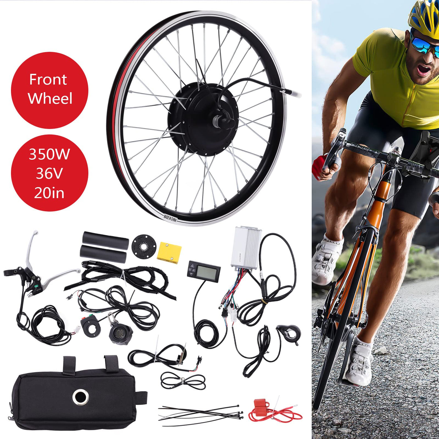 Zalydala Elektrofahrrad Umrüstsatz Vorderrad Motor 350W E-Bike Kit 36V Nabenmotor 20" Fahrrad Controller mit LCD Display Controller Bremse
