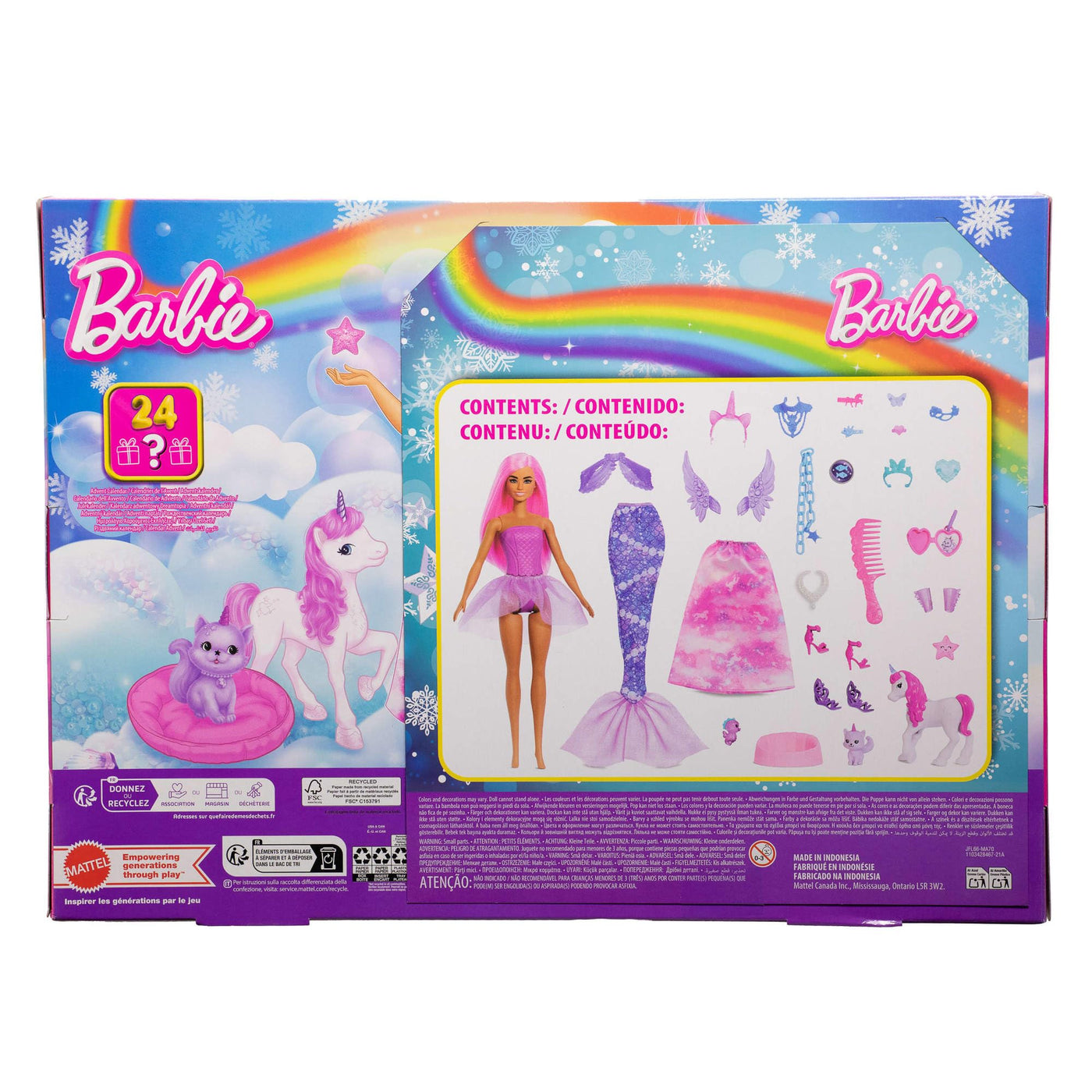 Barbie-Adventskalender mit Puppe und 24 Überraschungs-Accessoires mit Einhorn und Tieren, die Modepuppe kann in eine Meerjungfrau, Fee und mehr verwandelt Werden. ,JFL66
