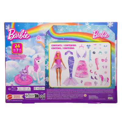 Barbie-Adventskalender mit Puppe und 24 Überraschungs-Accessoires mit Einhorn und Tieren, die Modepuppe kann in eine Meerjungfrau, Fee und mehr verwandelt Werden. ,JFL66