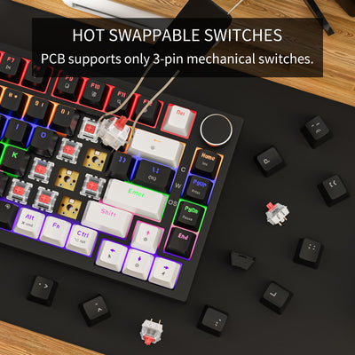 Newmen GM326 Mechanische Tastatur mit Kabel,Gaming Tastatur 75% Prozent,TKL Hot Swap LED Beleuchtung USB C Mini Mechanische Tastatur mit Knopf,für PC/Win/Mac,QWERTY Layout,Weiß/Schwarz,Rote Schalter