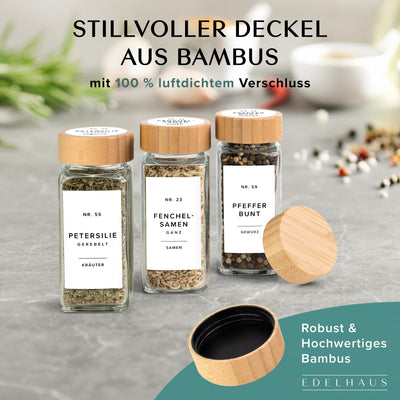 EDELHAUS Gewürzgläser Eckig Set mit Holzdeckel (24 x 120ml) Gewürzstreuer mit Streueinsatz und 240 Etiketten Weiß - Bambusdeckel Gewürzbehälter, Gewürzdosen, Gewürze organizer [10,7cm x 4,5cm]