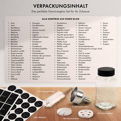 EDELHAUS Gewürzgläser Eckig Set mit Plastikdeckel (24 x 120ml) Gewürzstreuer mit Streueinsatz und 240 Etiketten Schwarz - Gewürzbehälter, Gewürzdosen, Gewürze organizer [10,7cm x 4,5cm]
