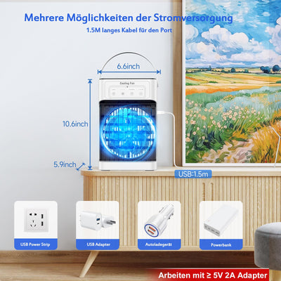 Mobile Klimaanlage mit Fernbedienung,1100ML Mini Luftkühler mit Wasserkühlung, 2-8H Timer & 7 LED，3 Luftgeschwindigkeiten & 3 Kühlnebel, Mobiles Klimagerät für zimmer,Wohnungen und Büro
