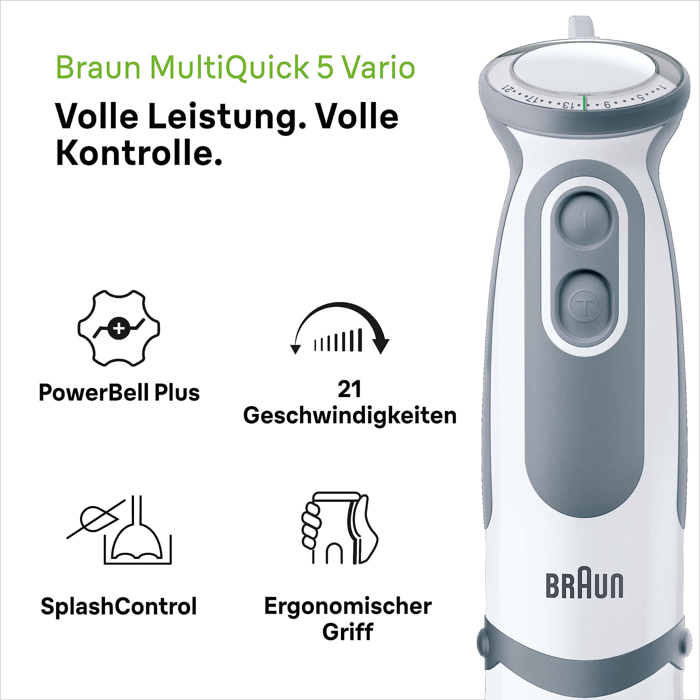 Braun Stabmixer MQ 5200WH - MultiQuick 5 Vario Pürierstab mit Edelstahl Mixfuß, 1000 Watt, inkl. 600 ml Mix- & Messbecher, weiß/grau