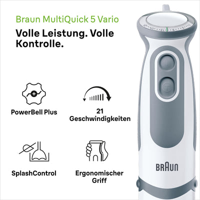 Braun Stabmixer MQ 5200WH - MultiQuick 5 Vario Pürierstab mit Edelstahl Mixfuß, 1000 Watt, inkl. 600 ml Mix- & Messbecher, weiß/grau