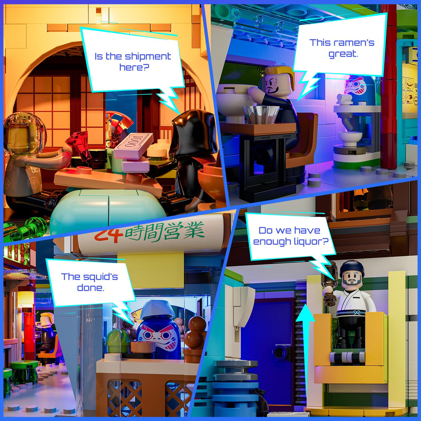 FUNWHOLE Cyberpunk Japanisches Izakaya Licht-Baustein Set – 1987 Teile Modularer Cyberpunk Neon-Stadt Zukunfts-Pub Japanische Straßenszene LED-Licht Modellset für Erwachsene und Sci-Fi-Fans