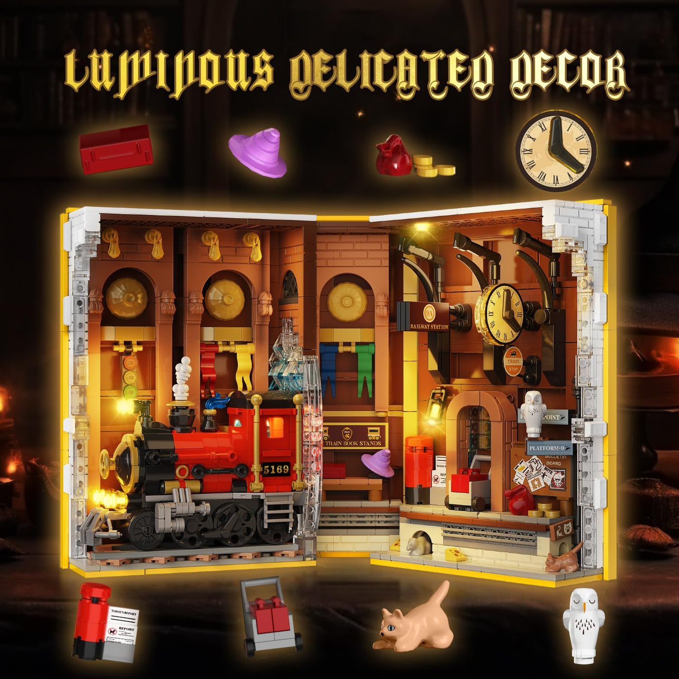HOGOKIDS Magischer Bahnhof Book Nook Bauspielzeug Set mit LED, 1300 Pcs Buchstützen-Bausteinsatz für Bücherregal, Heimdekoration, DIY Booknook Geschenke für Erwachsene, Jungen Mädchen ab 10 Jahren