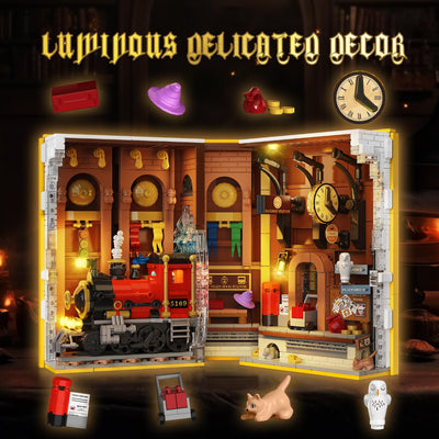 HOGOKIDS Magischer Bahnhof Book Nook Bauspielzeug Set mit LED, 1300 Pcs Buchstützen-Bausteinsatz für Bücherregal, Heimdekoration, DIY Booknook Geschenke für Erwachsene, Jungen Mädchen ab 10 Jahren