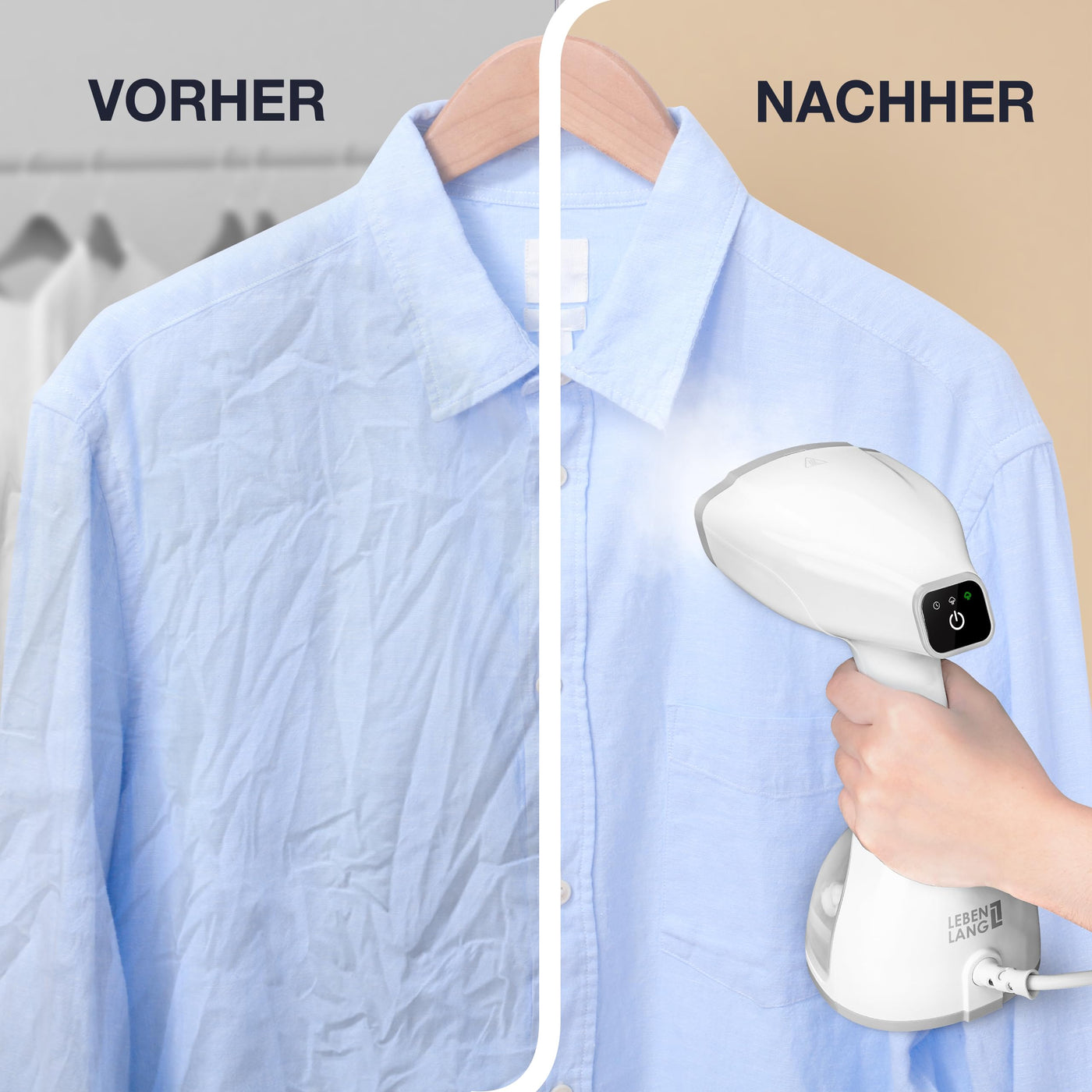 LEBENLANG Steamer Dampfglätter TESTSIEGER - 1500W & 300ml inkl. Bügelhandschuh & Aufsätze I Pro Dampfsteamer für Kleidung & Clothing I Dampfbügeleisen Stiemer Bügeleisen for Hand held steam iron & go