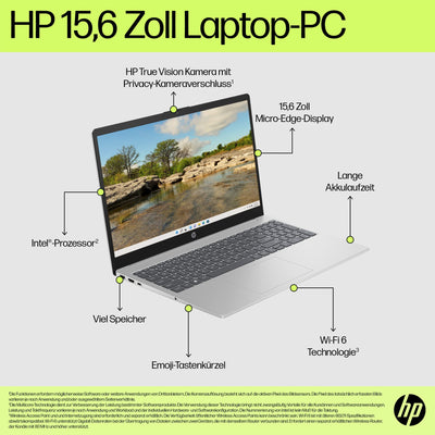 HP Laptop | 15,6" FHD Display | Intel Core i3-N305 | 8 GB DDR4 RAM | 256 GB SSD | Intel UHD Graphics | Windows 11 Home | QWERTZ | Natural Silver