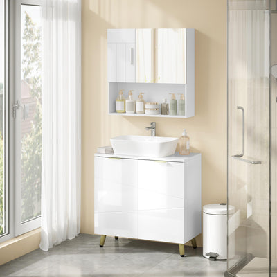 EUGAD Waschbeckenunterschrank, Unterschrank, Waschtischunterschrank, Badezimmerschrank, Badschrank, weiß Hochglanz, mit 2 Türen, Beinen, verstellbare Ablage, freistehend, 60x60x30 cm