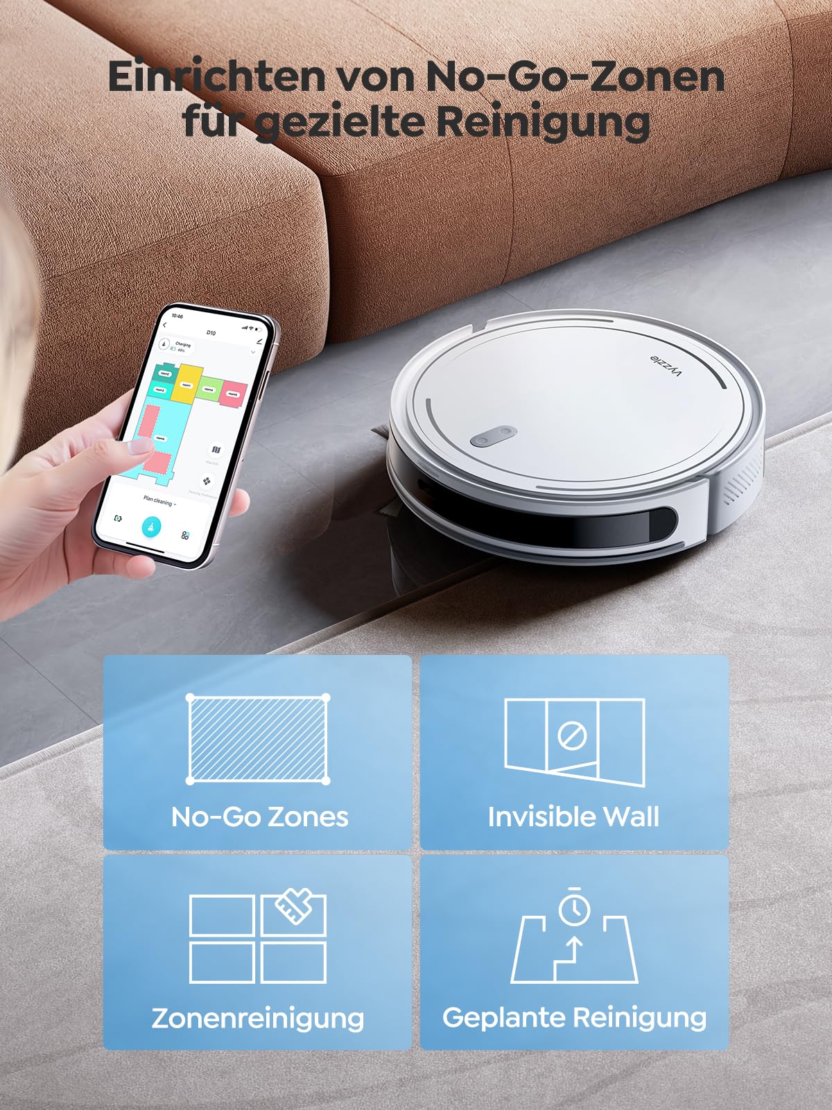 Vyzzle Saugroboter mit Wischfunktion, ultradünner Saugroboter mit LDS Navigation, 5000Pa Staubsauger Roboter D10, App/Alexa, Ideal für Tierhaare, Teppich, Hartboden