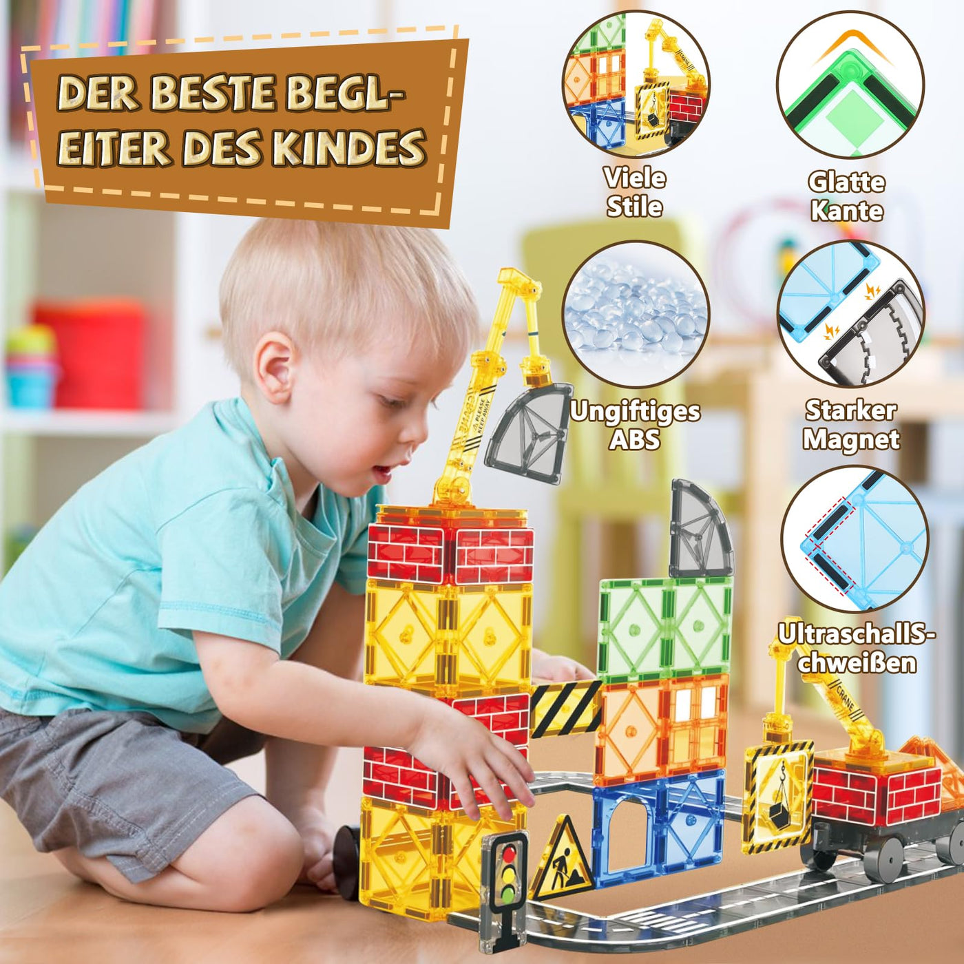 BuzzoXerex Magnetische Bausteine Stadtstraßen Set, 70 Magnetische Fliesen Straßenset, Magnetbausteine Set mit Ausfahrbarem Magnetkran, Magnet Spielzeug für Kinder ab 3 4 5 6 Jahre