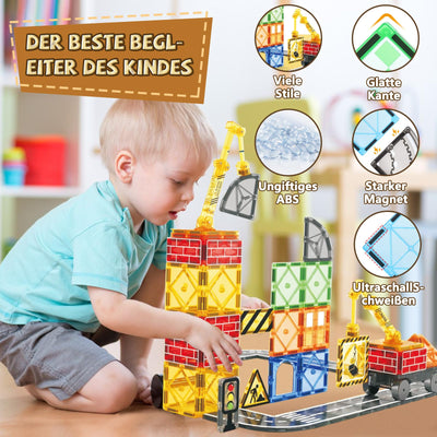 BuzzoXerex Magnetische Bausteine Stadtstraßen Set, 70 Magnetische Fliesen Straßenset, Magnetbausteine Set mit Ausfahrbarem Magnetkran, Magnet Spielzeug für Kinder ab 3 4 5 6 Jahre