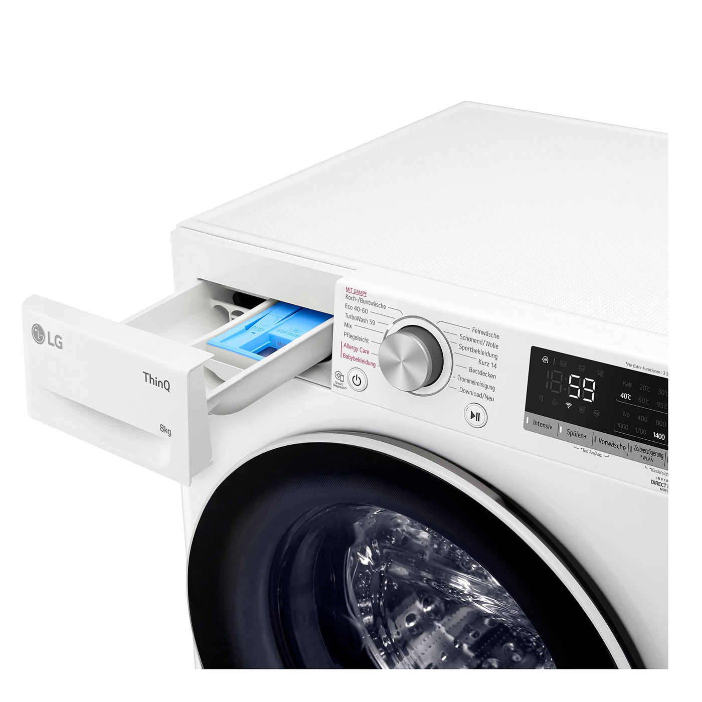 LG F4WV7080, Klasse A, Frontlader-Waschmaschine 8 kg, 1400 U/Min, AI Direct Drive, Wi-Fi, Tiefenreinigung mit Dampf, Große Kapazität, TRIPLE A, Außentür aus Sicherheitsglas, 62 x 60 x 85 cm ꟷ Weiß