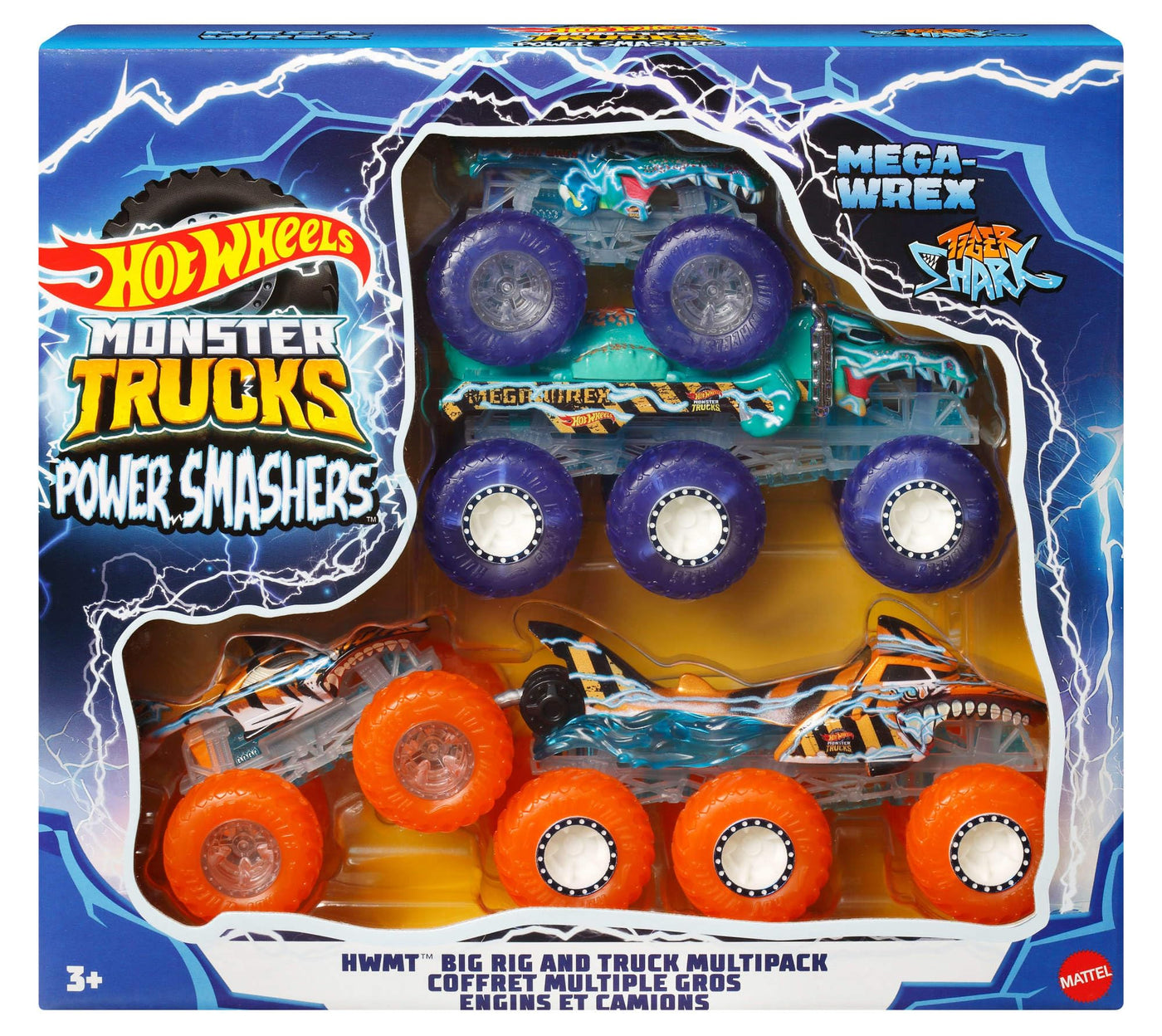 Hot Wheels Monster Trucks Spielzeugtruck & Big Rig Multipack, Mega-Wrex & Tigerhai im Maßstab 1:64 mit Big Rigs in passender Power Smashers-Deko, HYJ29