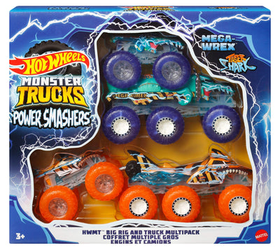 Hot Wheels Monster Trucks Spielzeugtruck & Big Rig Multipack, Mega-Wrex & Tigerhai im Maßstab 1:64 mit Big Rigs in passender Power Smashers-Deko, HYJ29