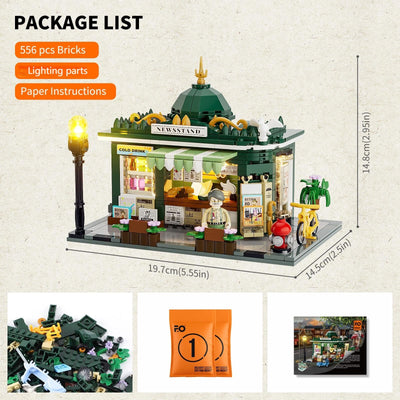 FUNWHOLE Kiosk Beleuchtung Klemmbausteine Haus, Schreibtisch-Deko, Retro Modular Building Stadtleben Set, Geschenk für Erwachsene und Jugendliche,556 Pcs,F9023,Newsstand