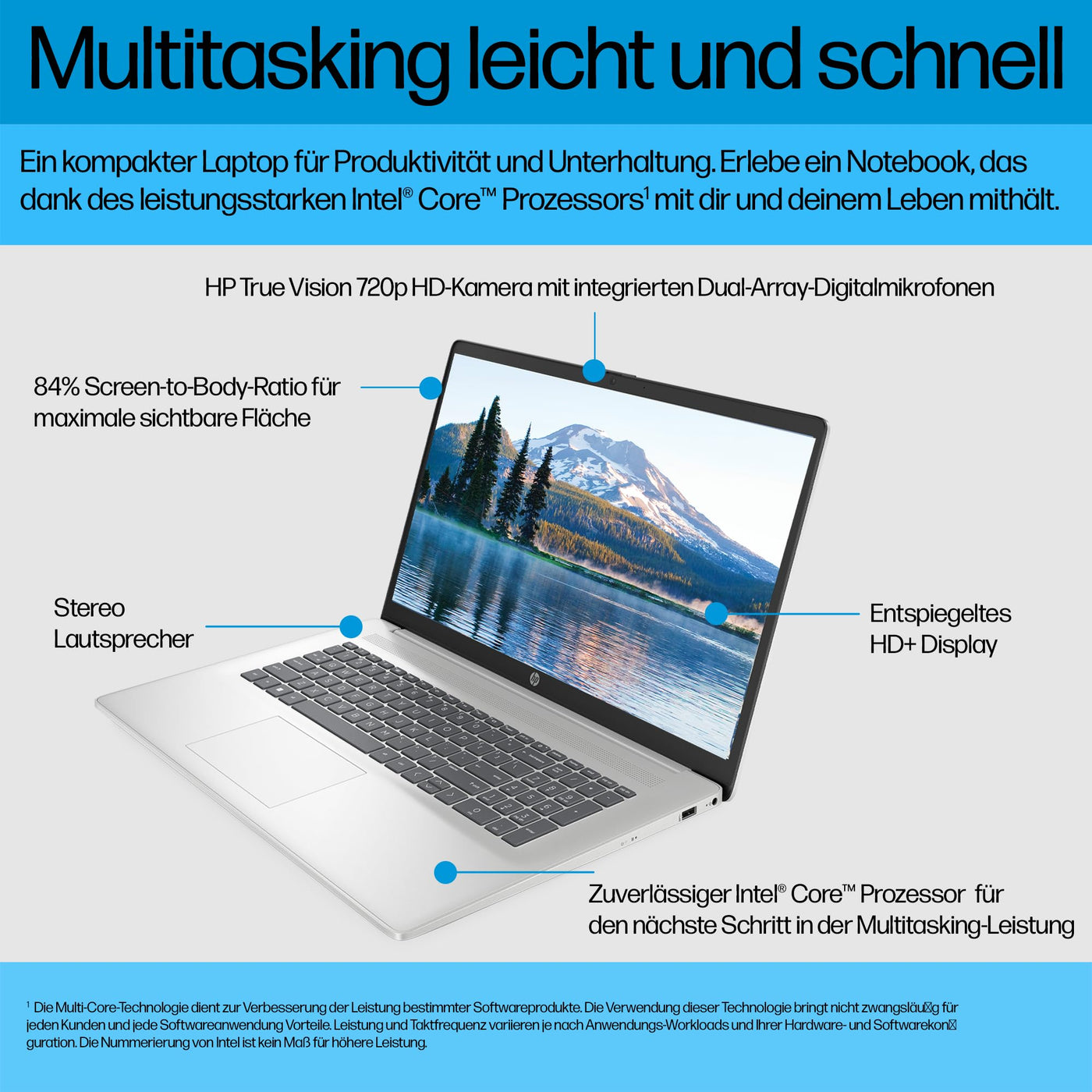 HP Laptop mit 17,3 Zoll FHD Display, Intel Core 3 100U, 8 GB DDR4 RAM, 512 GB SSD, ‎Intel Graphics, Windows 11, QWERTZ Tastatur, Silber